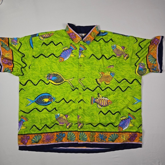 Rima Beach World Tropical Fish Hawaiian Shirt‎ 2XL Green Button Up - Picture 3 of 10